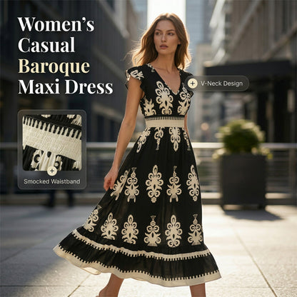 👗Damska, zwiewna sukienka maxi z dekoltem w serek i barokowym nadrukiem
