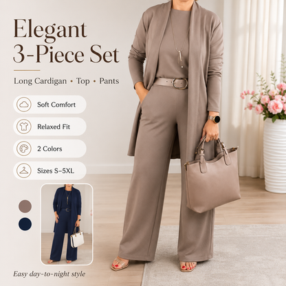 💞✨ Elegantní dámská třídílná sada – dlouhý kardigan, top a kalhoty se širokými nohavicemi | Měkká, volná a nadčasová