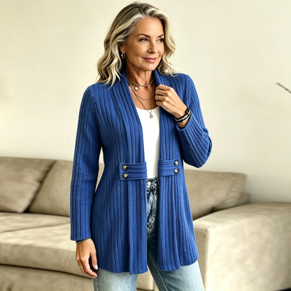 🧥✨ Dámský pletený kardigan s žebrováním – zeštíhlující střih, elegantní knoflíková část a měkká textura