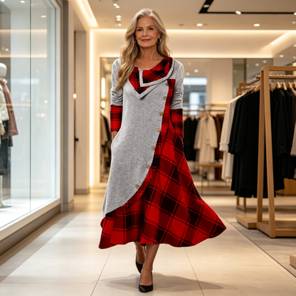 👗 Dámské kostkované patchworkové maxišaty s volánky – elegantní podzimní dlouhé šaty a teplý kousek do šatníku
