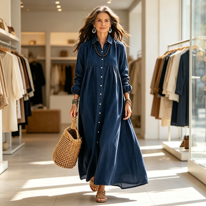 👗✨ Dámské maxi šaty z lněného směsového materiálu – prodyšný střih ve tvaru písmene A a nenucená elegance