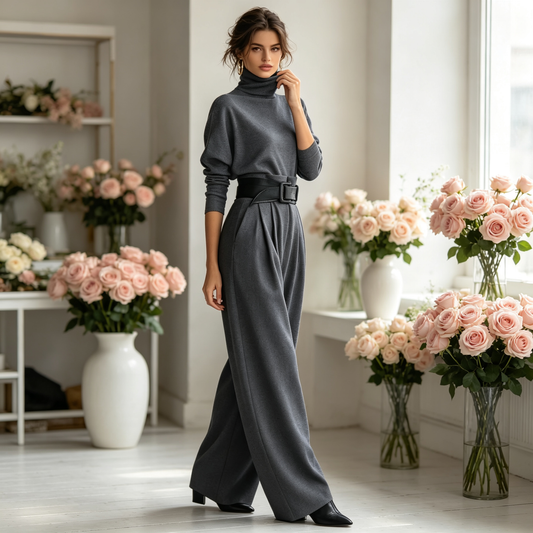 ✨ Bezstarostná elegance | Dámský komplet s rolákem, vysokým pasem a páskem 👗