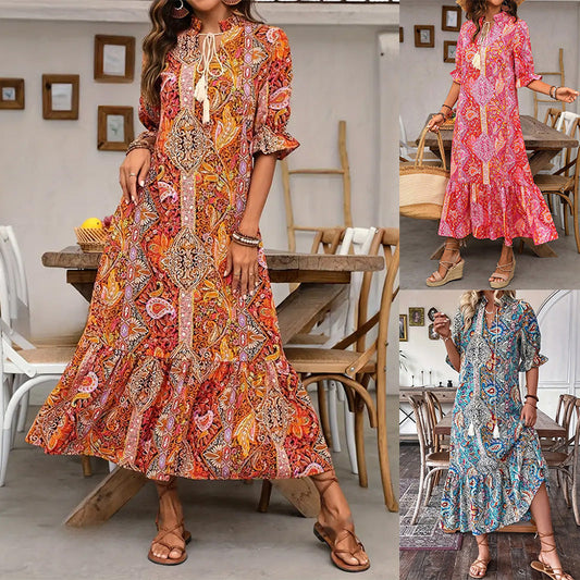 Výstřih do V, boho střih, boční rozparek, splývavé šaty