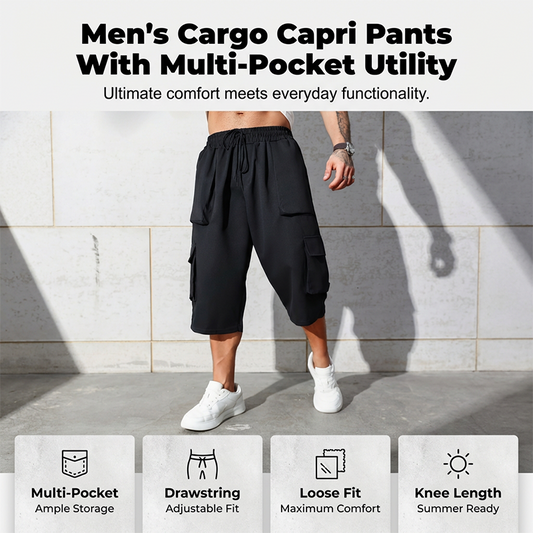 ✨ Pánské volnočasové cargo capri šortky – velké kapsy, stahovací pas, volný střih 🌿