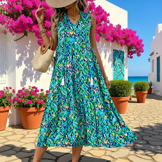 🚀 OGRANICZONA OFERTA – 42% ZNIŻKI! 💃 Sukienka midi z warstwami i abstrakcyjnym nadrukiem – zwiewna, szykowna i idealna na lato ✨