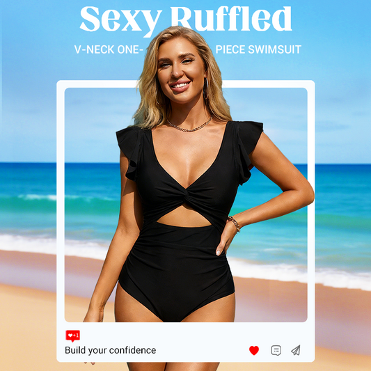 Sexy jednodílné plavky s volánky a výstřihem do V