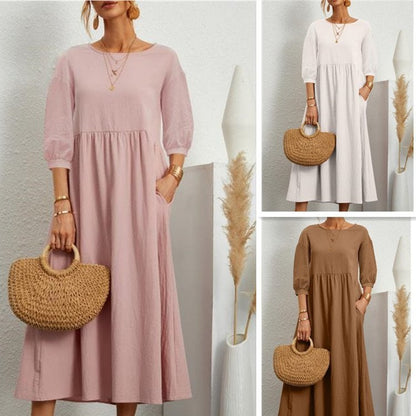 Letnia sukienka damska z bawełny i lnu z rękawami latarenkowymi 🌿👗