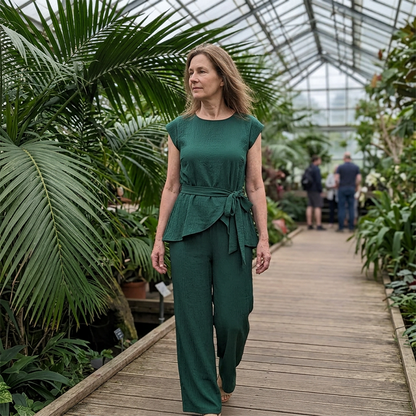 Elegancki komplet z gładką górą i szerokimi nogawkami