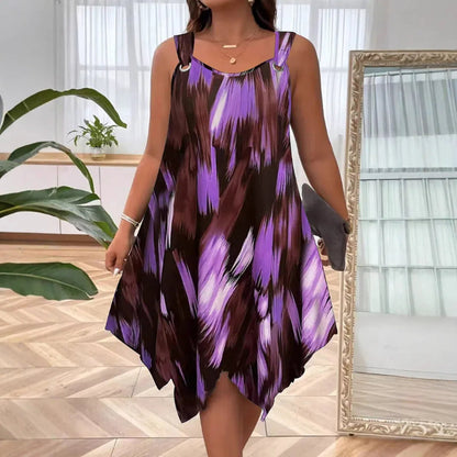 Elegant Gradient Print Sleeveless Dress – Asymmetrical Hem, O-Ring Straps, Flow Fit ✨