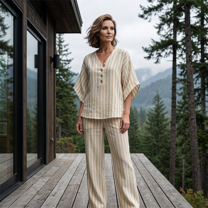 Women's Striped V-Neck Top & Wide-Leg Pants Set