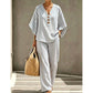 Women's Striped V-Neck Top & Wide-Leg Pants Set