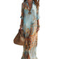Elegancka sukienka maxi w retro wzory | Boho sukienka z dekoltem w szyję i guzikami