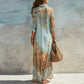 Elegancka sukienka maxi w retro wzory | Boho sukienka z dekoltem w szyję i guzikami