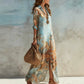 Elegancka sukienka maxi w retro wzory | Boho sukienka z dekoltem w szyję i guzikami
