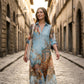 Elegancka sukienka maxi w retro wzory | Boho sukienka z dekoltem w szyję i guzikami