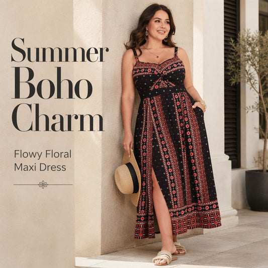 Dámské plus size boho šaty s ramínky na maxi