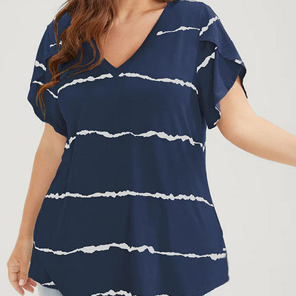 👚Velikost Plus Pruhované Tričko s Krátkým Rukávem a Výstřihem do V✨
