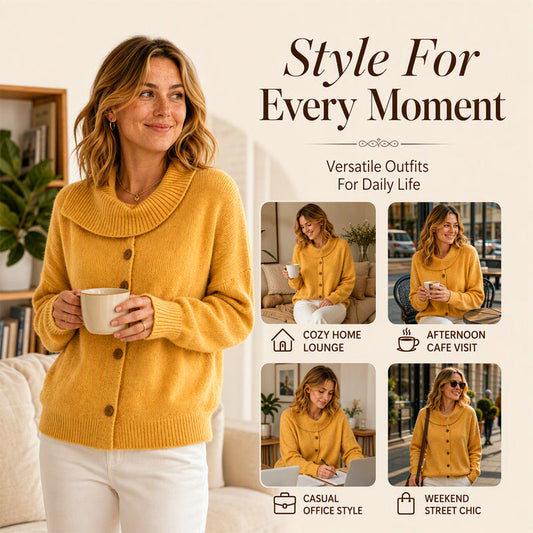 🧶✨ Dámský pletený kardigan s nepravidelným límcem – jedinečné detaily a nenucená elegance