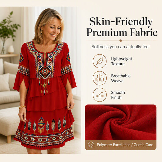 💃✨ Dámské vrstvené šaty v boho stylu s etnickými vzory – s výstřihem do V, volánkovými rukávy a prodyšné letní šaty
