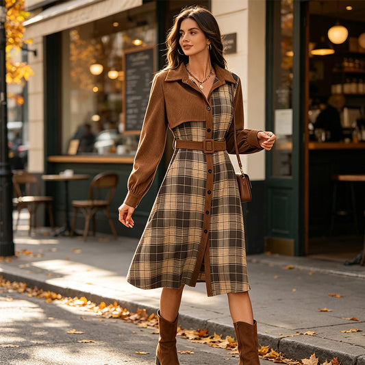 🍂👗 Dámské retro kostkované šaty s knoflíky – v pase s páskem, s límečkem a vintage kancelářskou elegancí