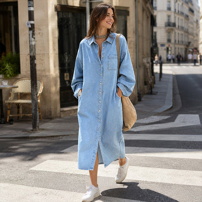 ✨ Easy Denim Style | Women's Relaxed Button-Front Denim Shirt Dress