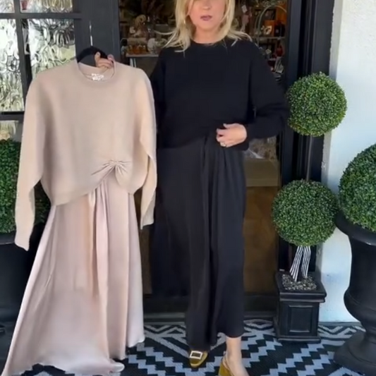 ⏰ Limited-Time 49% OFF 👗 Elegant Women 2‑Piece Outfit, Twist‑Knot Knit Top & Satin Maxi Skirt Matching Set