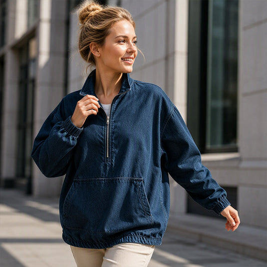 ✨ Relaxed by Design | Dámská oversized bunda z praného denimu s polovičním zipem